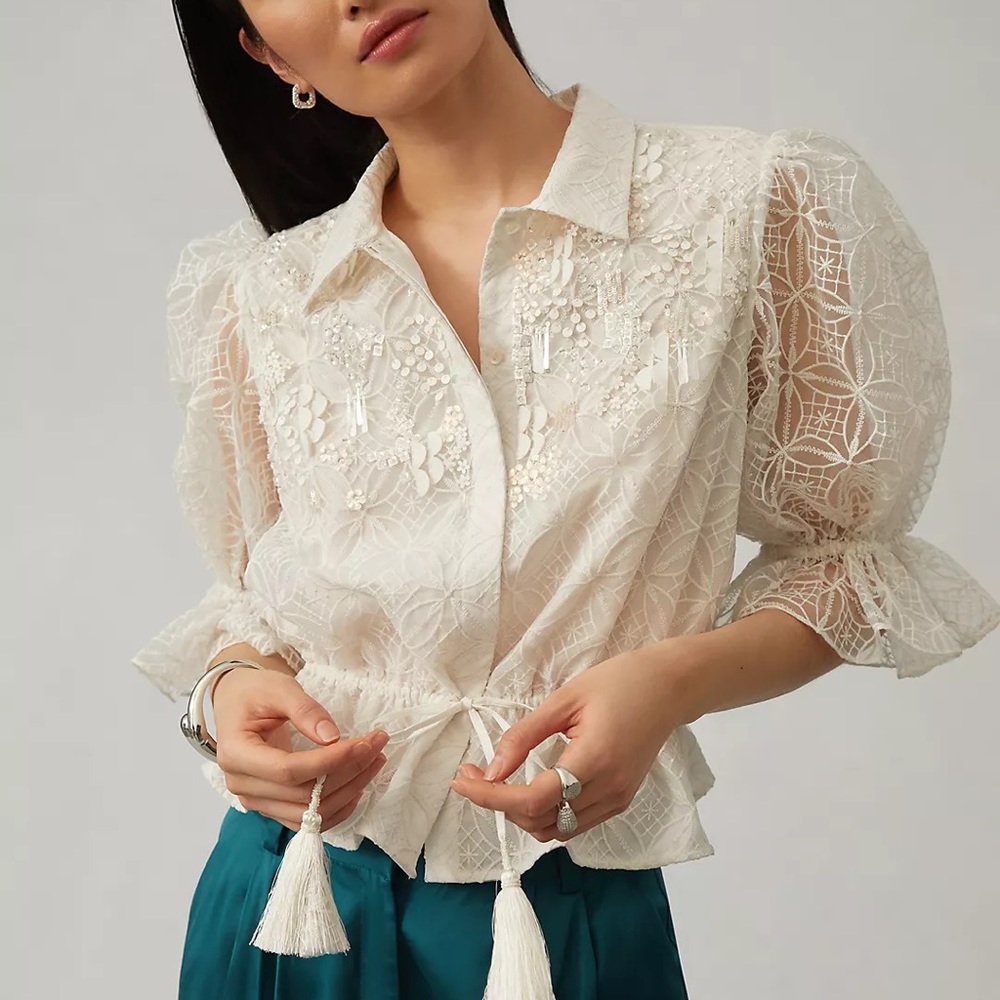 Pankaj & Nidhi Adele Textured Top Blouse Shirt NWT $228